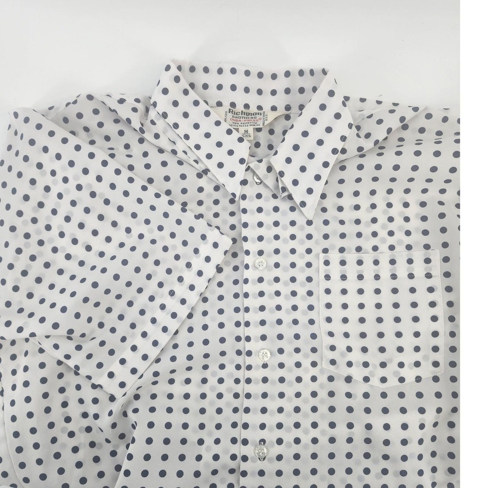 Richman Brothers Men Vintage 70s Polka Dot Shirt White Blue Dura-Press M 15-15.5
